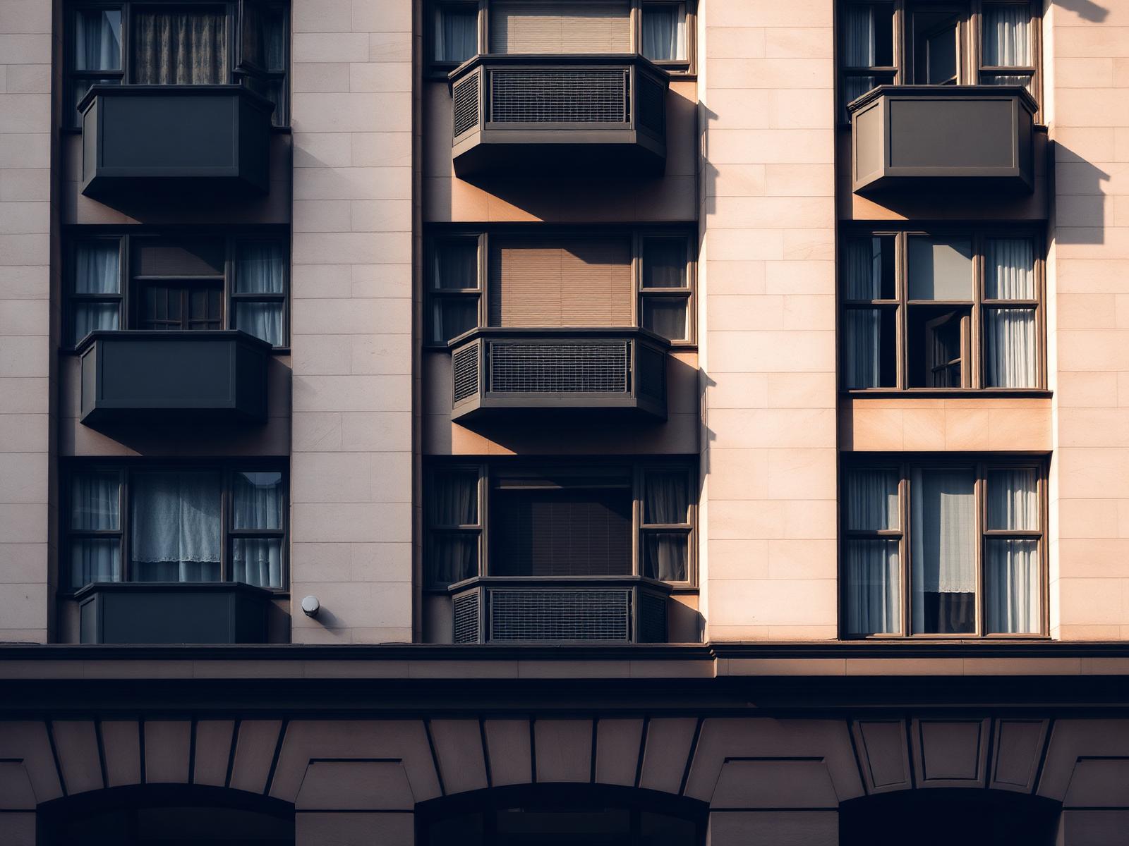 Fassade eines hochwertigen städtischen Wohngebäudes im Abendlicht