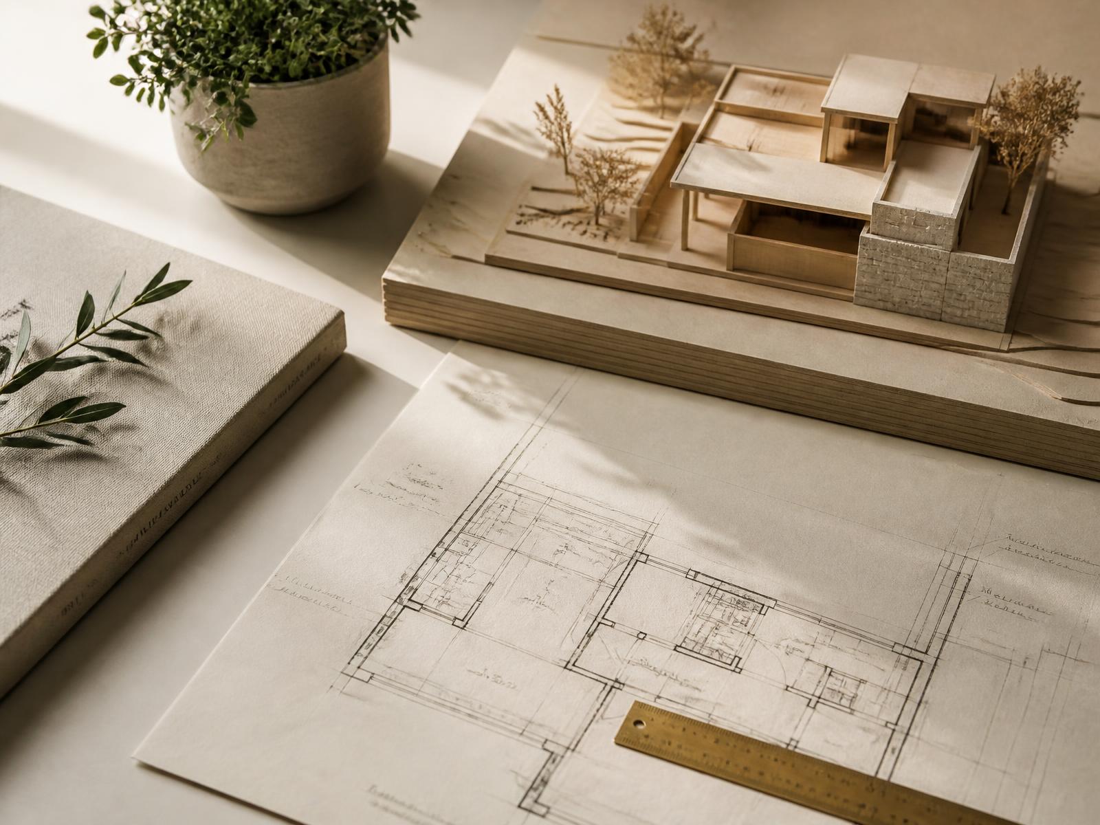 Reduziertes Architekturmodell und feiner Grundriss auf hellem Schreibtisch